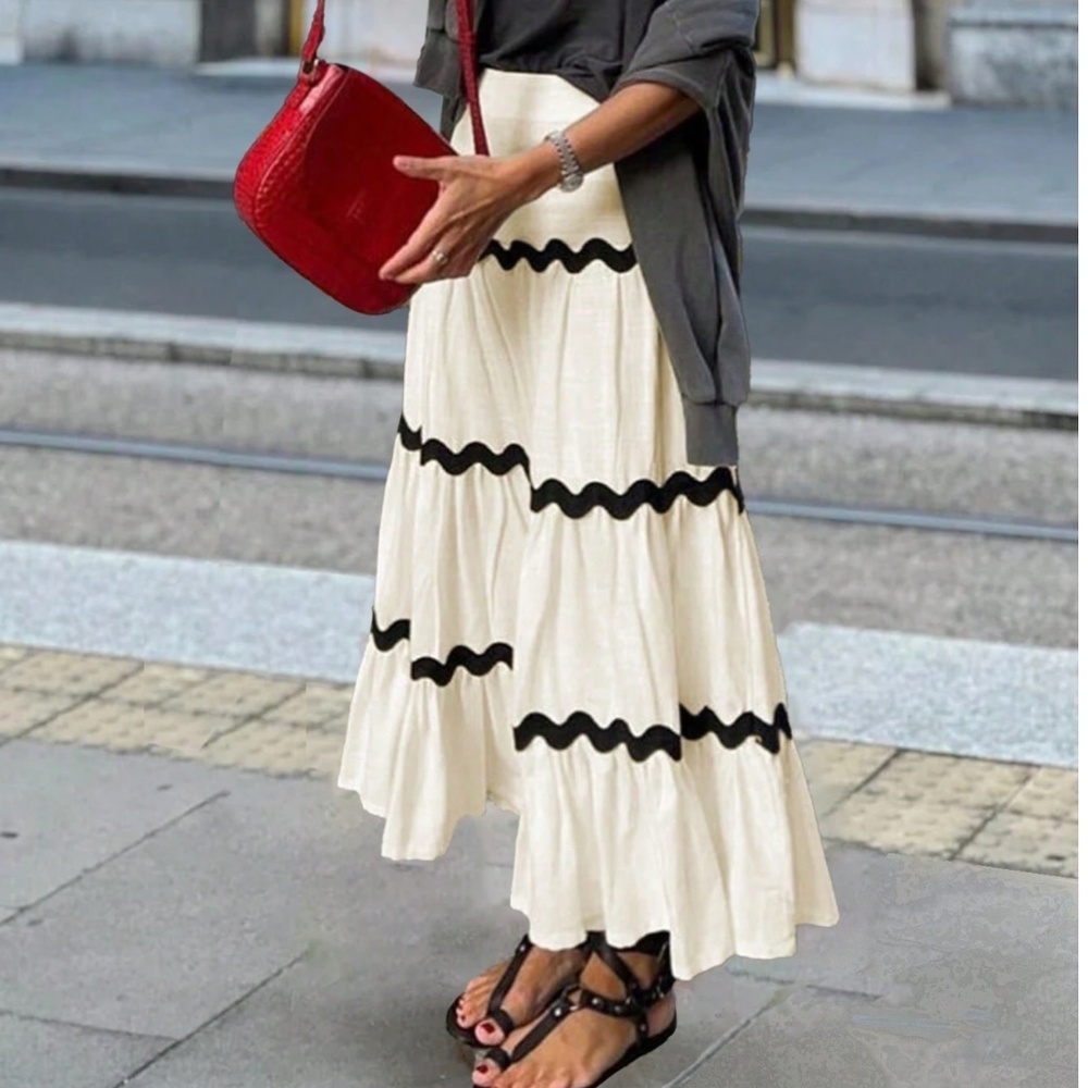 Boho Cream Colorblock High Waist Maxi Skirt